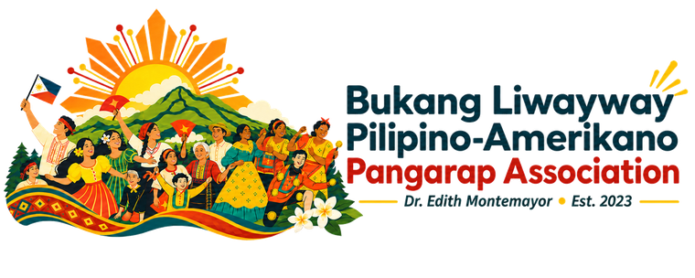 BLPAPA — Bukang Liwayway Pilipino-Amerikano Pangarap Association. A sunrise over a mountain with community members in traditional Philippine dress.